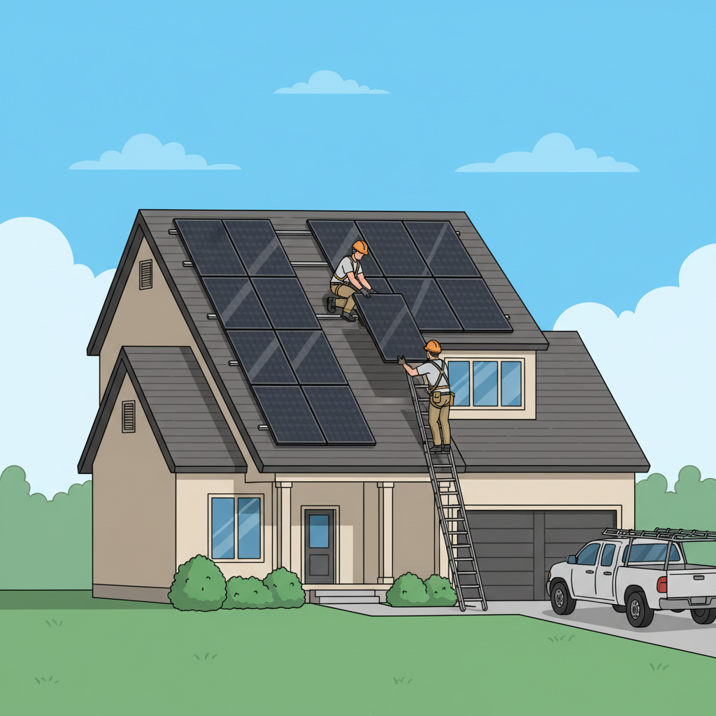 Illustration of solar panel installation on a typical American house. Two technicians installing rooftop panels