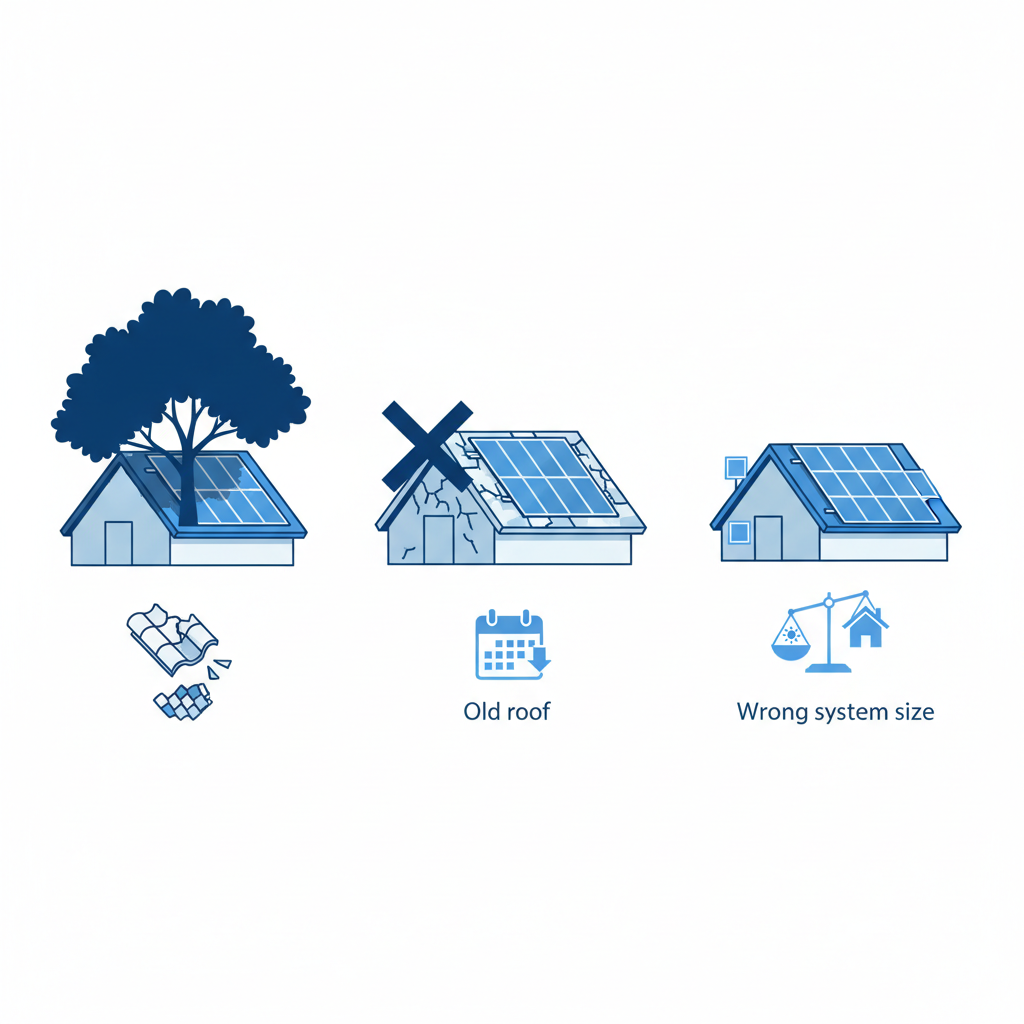 illustration showing common solar installation mistakes (shading, old roof, wrong system size)