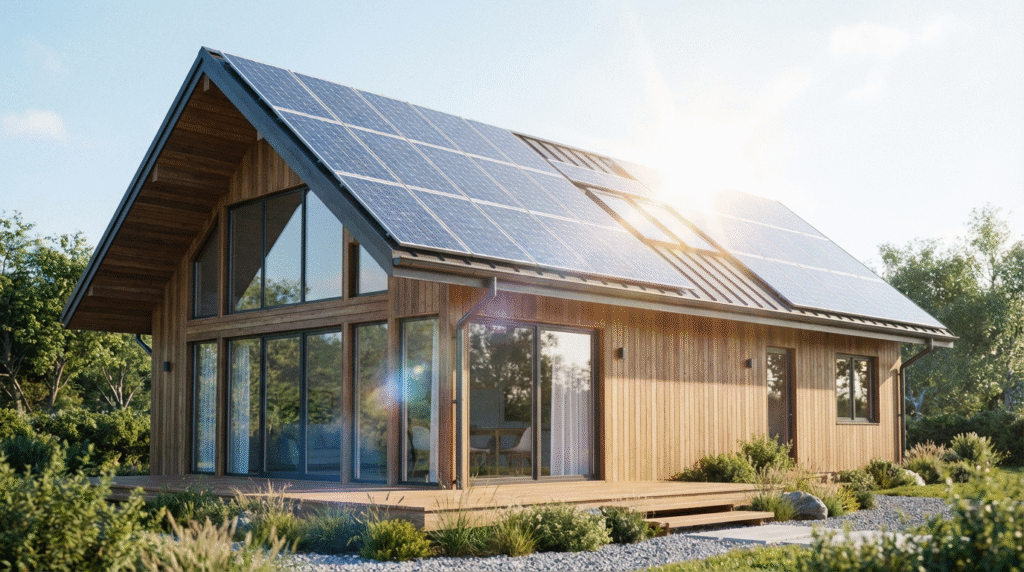 Modern American house with rooftop solar panels