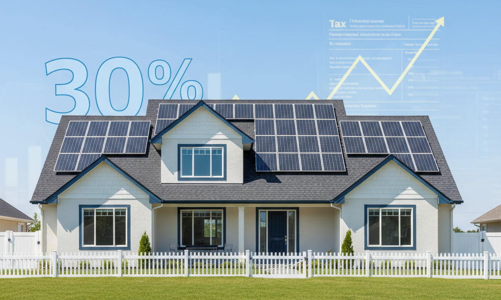 Modern American suburban house with rooftop solar panels and the 30% sign representing The Solar Investment Tax Credit