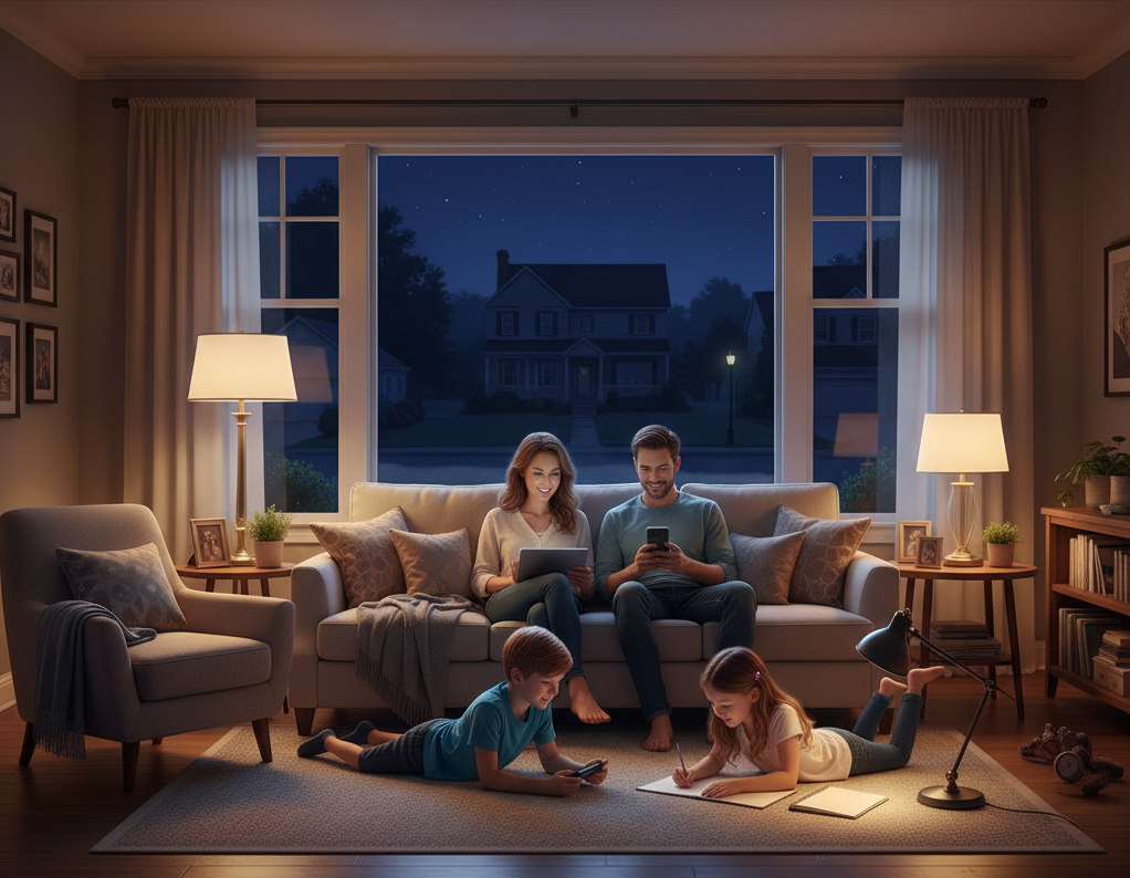 American family at home during a power outage with lights on thanks to battery backup